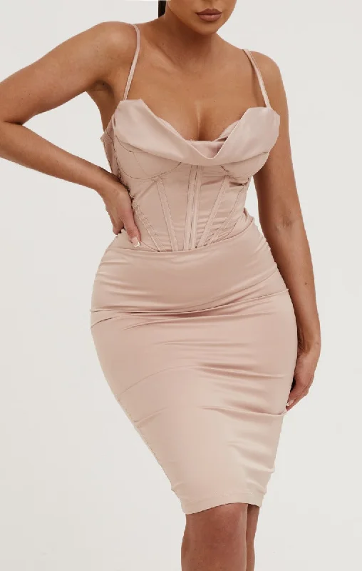 Nude Satin Strappy Drape Front Corset Style Midi Dress - Saga