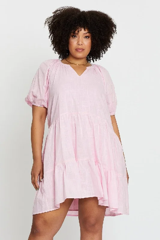 Pink Puff 3/4 Sleeve Textured Cotton Pink Layer Dress