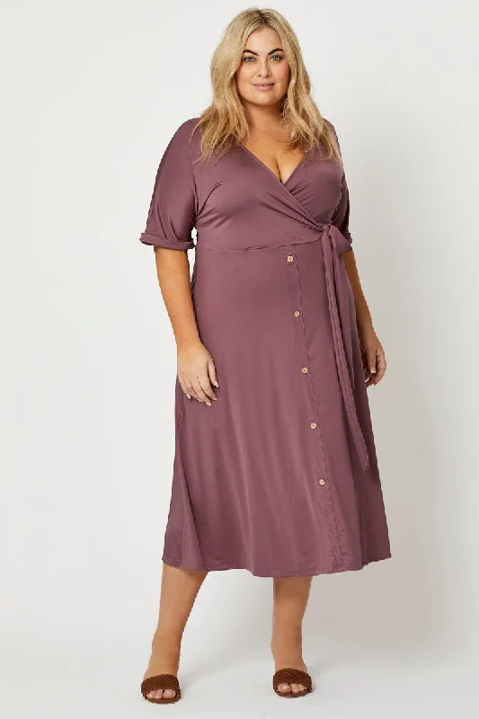 Purple Midi Dress V-neck Short Sleeve Waist Tie