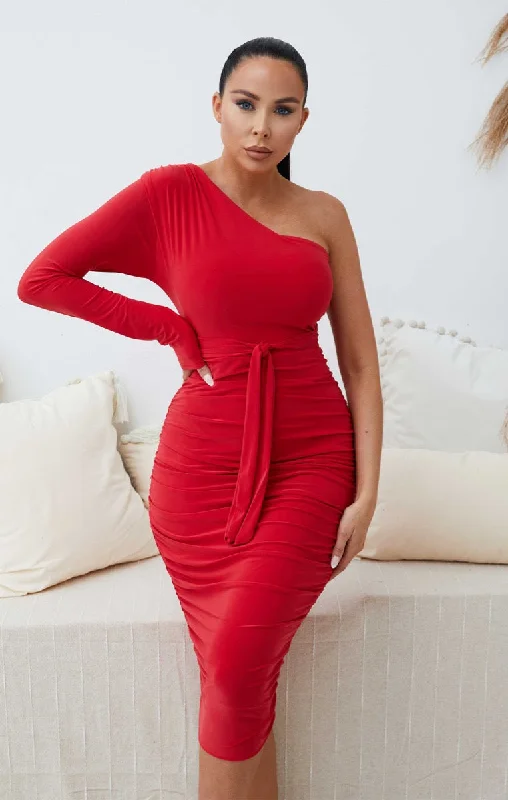 Red One Shoulder Ruched Slinky Midi Dress - Savannah