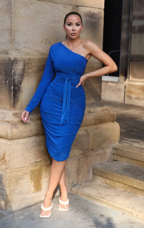 Royal Blue One Shoulder Ruched Slinky Midi Dress - Savannah