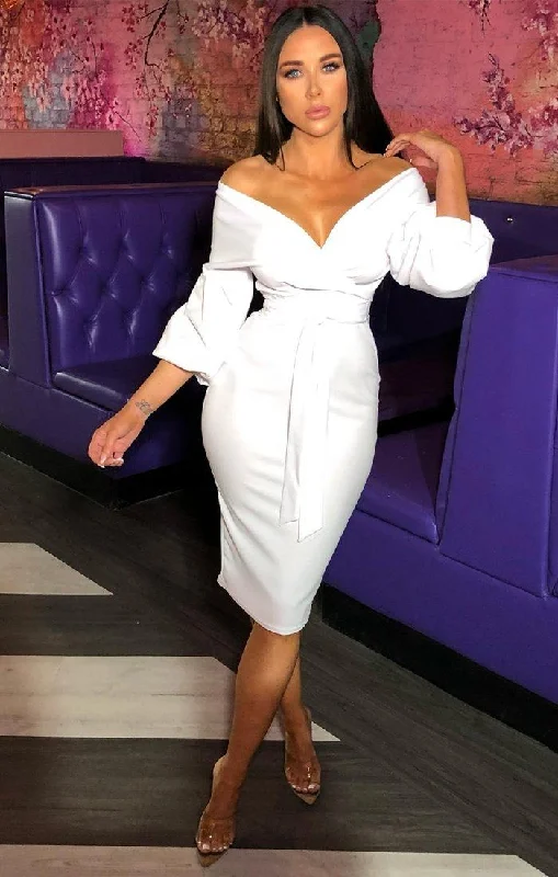 White Belted Bodycon Midi Dress  - Angelica