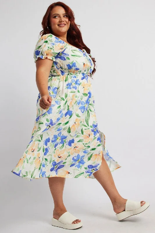 White Floral Midi Dress Short Sleeve Ruched Bust