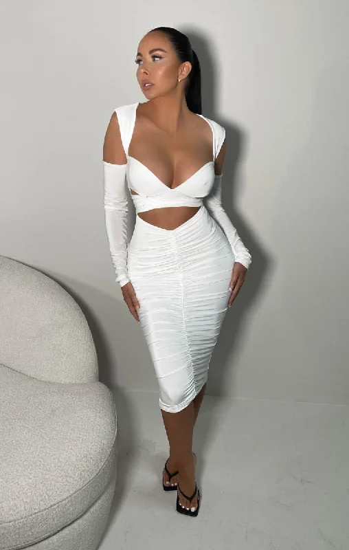 White Long Sleeve Cut Out Midi Dress-Maria