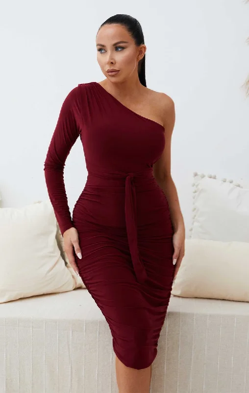 Wine One Shoulder Ruched Slinky Midi Dress - Savannah