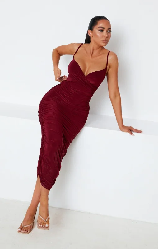 Wine Slinky Ruched Wrap Strappy Bodycon Midi Dress - Pia