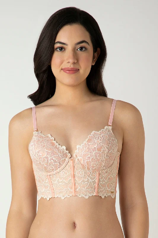 Femme Lace Padded Non-Wired Longline Bra - Dusty Pink