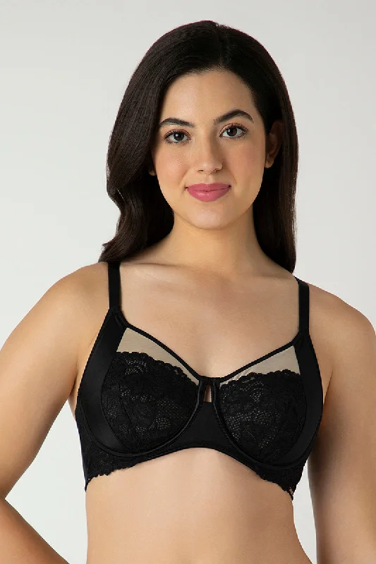 Glam Floral Non-Padded Wired Minimizer Bra - Black