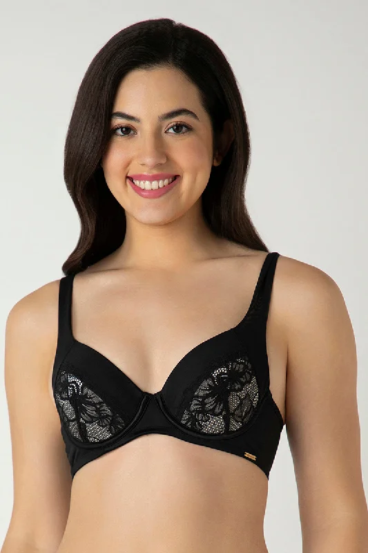 Glam Padded Non-Wired Plunge Bra - Black