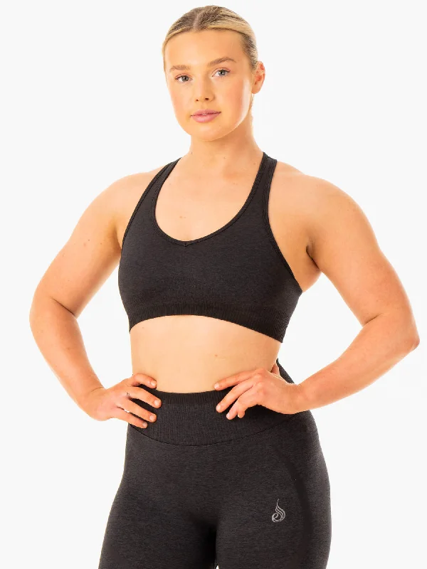white women sport bra for a clean lookExcel Seamless Sports Bra - Black Marl