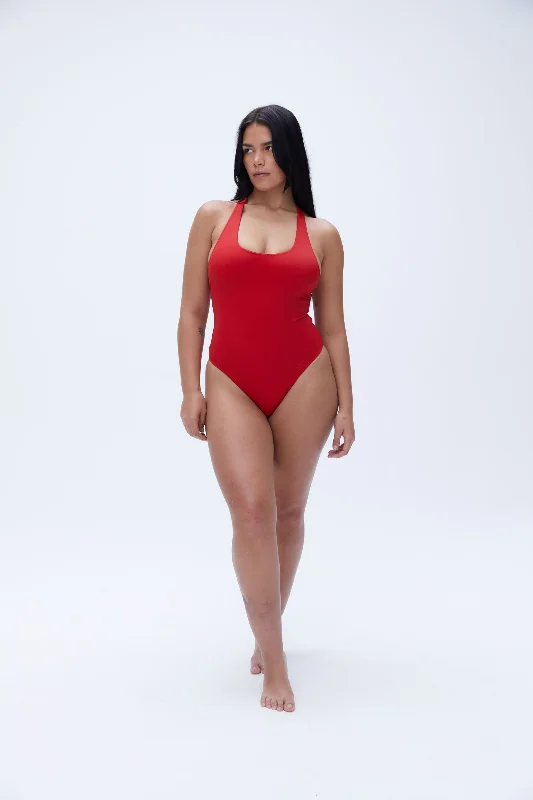 high impact convertible women sport braRacer Back High Leg Swimsuit - Classic Red