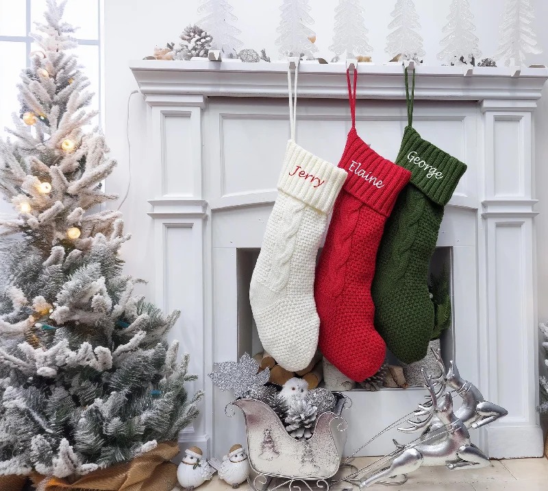 Chunky Cable Knit Christmas Stockings | Aran Isle Knit Red Green Ivory Premium Knitted Modern Double Sided Personalized Embroidery Name