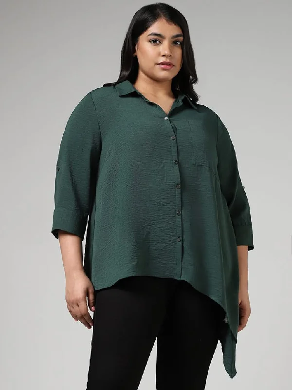 Women's pants with quick - dry fabric Button - fly women jeans with a traditional touch Gia Emerald Green Crepe High Low Shirt Women's pants with quick - dry fabric Button - fly women jeans with a traditional touch Gia Emerald Green Crepe High Low Shirt