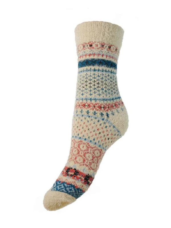 Cream Blue and Salmon Patterned Wool Blend Socks