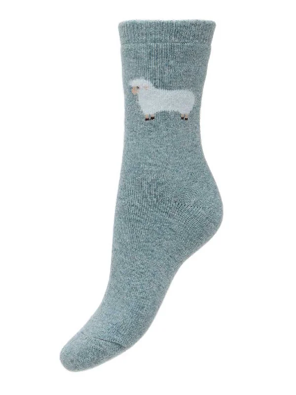 Light Blue Wool Blend Socks With Fluffy Sheep