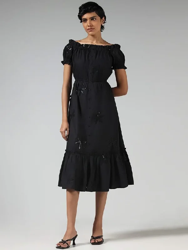 Women's sequined party pants Mom jeans for a nostalgic and casual look LOV Black Floral Sequin Embroidered Cotton Off-Shoulder Dress Women's sequined party pants Mom jeans for a nostalgic and casual look LOV Black Floral Sequin Embroidered Cotton Off-Shoulder Dress