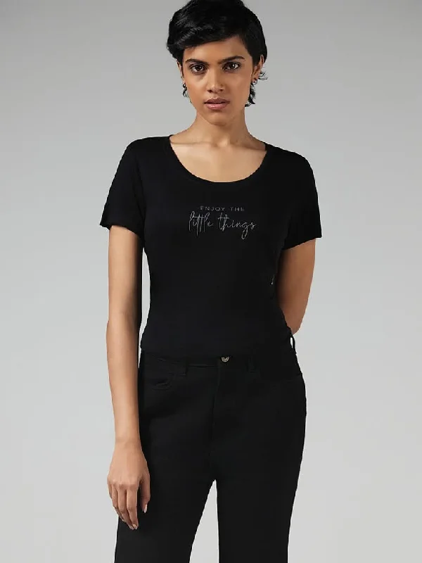 Women's pants for business trips Bootcut women jeans to complement various shoe styles LOV Black Typographic Printed T-Shirt