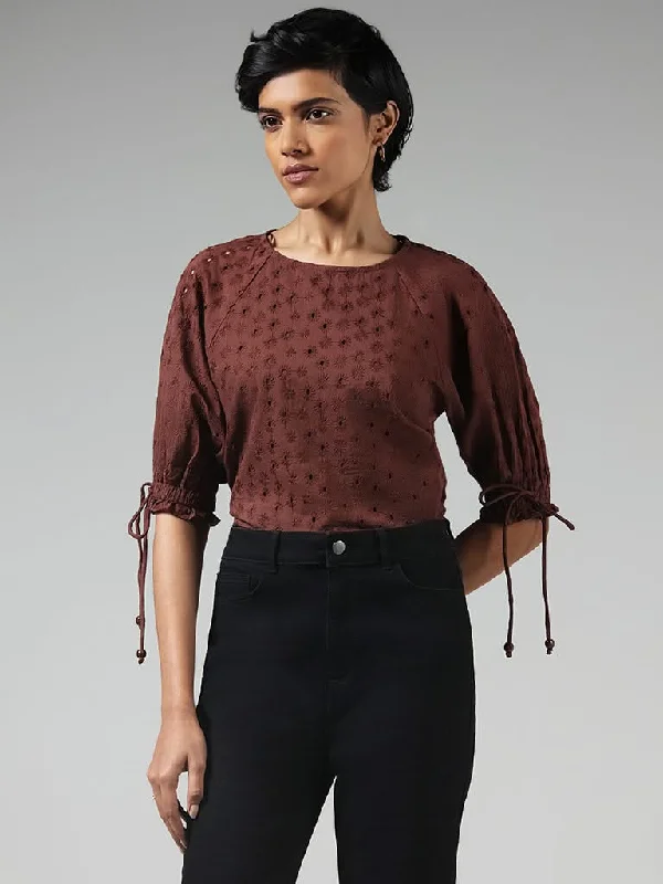 Women's pants for garden parties Colored women jeans in vibrant hues like red and yellow LOV Brown Cotton Schiffli Top Women's pants for garden parties Colored women jeans in vibrant hues like red and yellow LOV Brown Cotton Schiffli Top