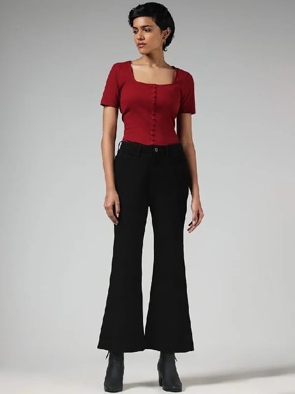 Women's fall - appropriate corduroy pants Distressed women jeans for a trendy and edgy look LOV Solid Burgundy Cotton Blend Ribbed Top Women's fall - appropriate corduroy pants Distressed women jeans for a trendy and edgy look LOV Solid Burgundy Cotton Blend Ribbed Top