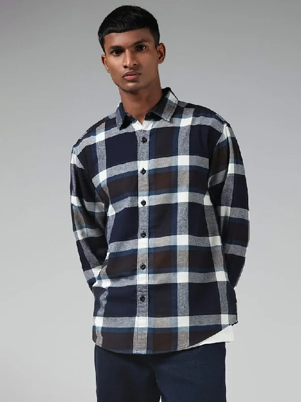 Women's pants for cocktail parties Distressed women jeans for a trendy and edgy look Nuon Dark Blue Checked Cotton Blend Relaxed-Fit Shirt Women's pants for cocktail parties Distressed women jeans for a trendy and edgy look Nuon Dark Blue Checked Cotton Blend Relaxed-Fit Shirt