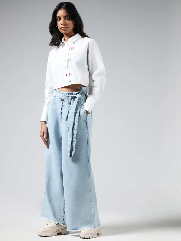 Women's eco - friendly organic pants Mom jeans for a nostalgic and casual look Nuon Light Blue Wide Leg - Fit High Rise Jeans Women's eco - friendly organic pants Mom jeans for a nostalgic and casual look Nuon Light Blue Wide Leg - Fit High Rise Jeans