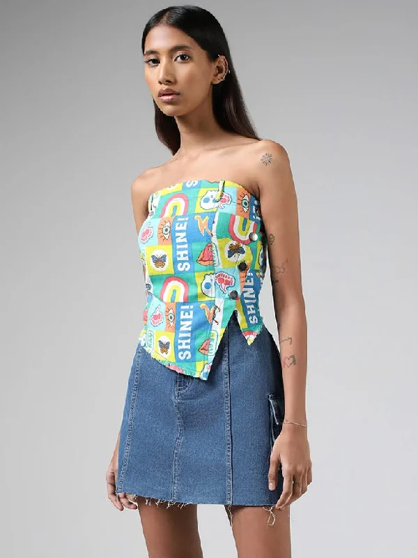 Women's matching top and pants set Mom jeans for a nostalgic and casual look Nuon Multicolour Abstract Printed Off-Shoulder Denim Top Women's matching top and pants set Mom jeans for a nostalgic and casual look Nuon Multicolour Abstract Printed Off-Shoulder Denim Top