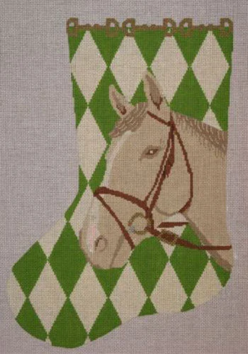 Christmas - themed red and green knitted stockings​STK204 Horse with Green Argyle Stocking