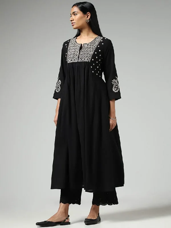 Women's summer - weight linen pants High - waisted women jeans for a flattering silhouette Utsa Black Mirror Embroidered Gathered Kurta Women's summer - weight linen pants High - waisted women jeans for a flattering silhouette Utsa Black Mirror Embroidered Gathered Kurta