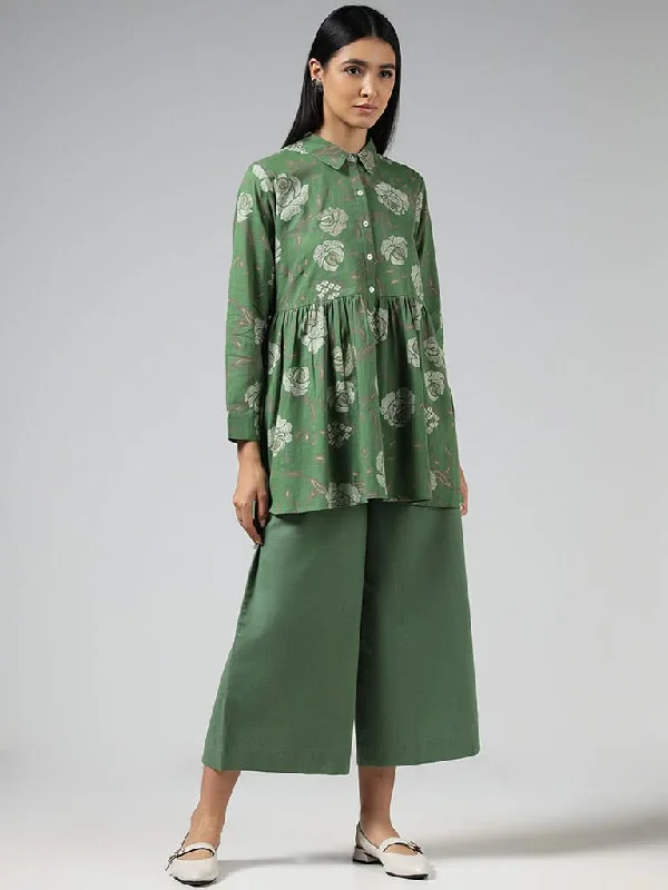 Women's pants for swimming (board shorts style) High - rise flare women jeans for a 70s - inspired look Utsa Green Dot Floral Printed Cotton Kurti
