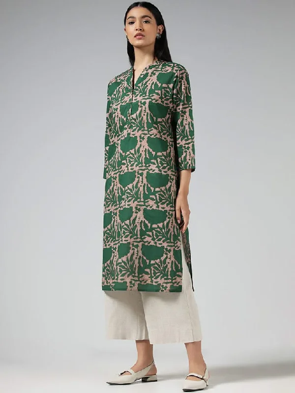 Women's printed floral pants High - waisted women jeans for a flattering silhouette Utsa Green Printed Cotton Kurta