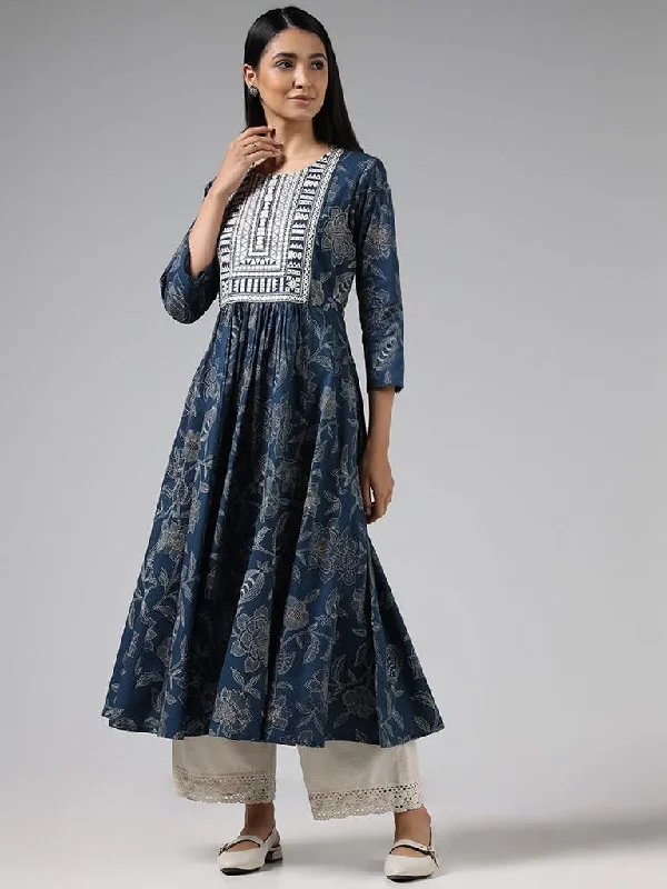 Women's summer - weight linen pants High - waisted women jeans for a flattering silhouette Utsa Indigo Mirror Embroidered and Floral Printed Cotton Kurta Women's summer - weight linen pants High - waisted women jeans for a flattering silhouette Utsa Indigo Mirror Embroidered and Floral Printed Cotton Kurta