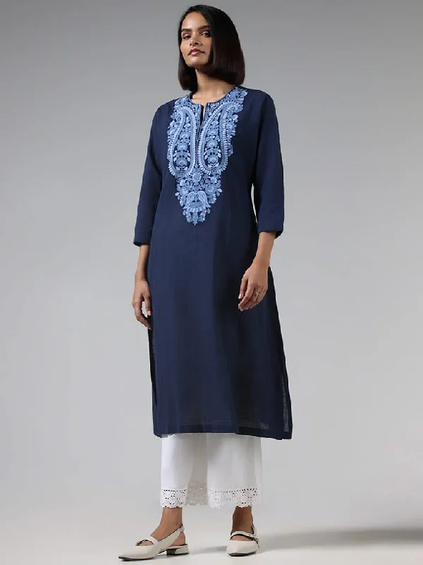 Women's long - sleeve jumpsuit pants Straight - leg women jeans with a classic and timeless appeal Utsa Navy Embroidered Cotton Kurta Women's long - sleeve jumpsuit pants Straight - leg women jeans with a classic and timeless appeal Utsa Navy Embroidered Cotton Kurta