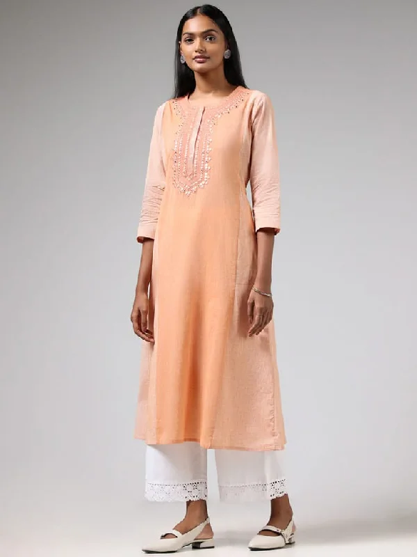 Women's wide - leg dress pants Bootcut women jeans to complement various shoe styles Utsa Orange Mirror Embroidered Cotton Kurta Women's wide - leg dress pants Bootcut women jeans to complement various shoe styles Utsa Orange Mirror Embroidered Cotton Kurta