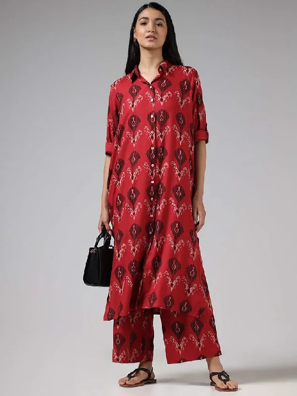Women's pocket - equipped casual pants Button - fly women jeans with a traditional touch Utsa Red Ikat Printed Cotton Buttoned Down Kurta Women's pocket - equipped casual pants Button - fly women jeans with a traditional touch Utsa Red Ikat Printed Cotton Buttoned Down Kurta
