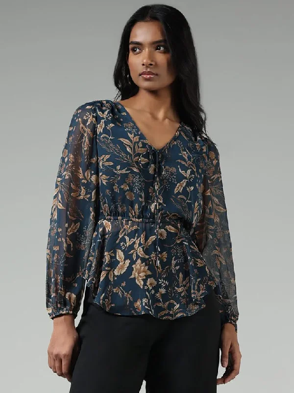 Women's polyester workout pants Button - fly women jeans with a traditional touch Wardrobe Indigo Floral Printed Peplum Top