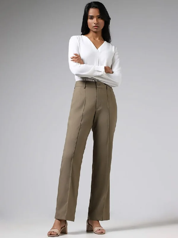 Women's pants with quick - dry fabric Button - fly women jeans with a traditional touch Wardrobe Solid Khaki Seam Detail Trousers Women's pants with quick - dry fabric Button - fly women jeans with a traditional touch Wardrobe Solid Khaki Seam Detail Trousers