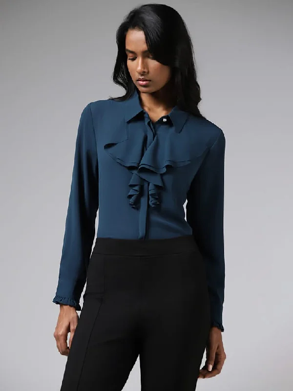 Women's winter - warm fleece - lined pants Bootcut women jeans to complement various shoe styles Wardrobe Solid Teal Ruffle Collar Shirt