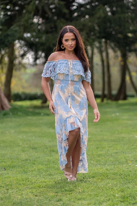 Blue Boho Dipped Hem Bardot Dress