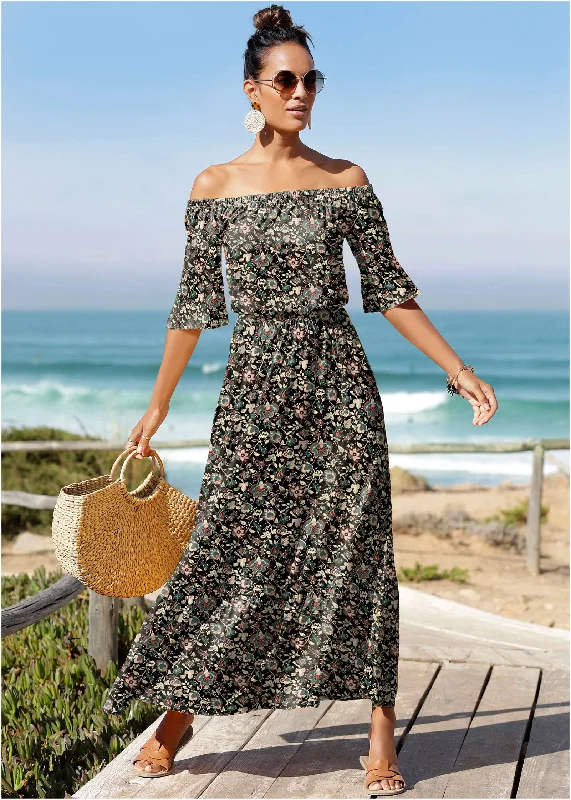 Off-The-Shoulder Maxi Dress - Black Floral