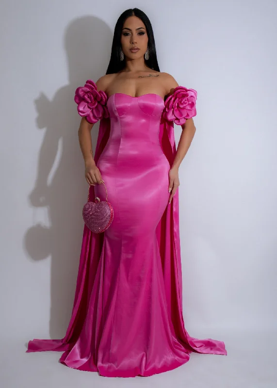 Royal Dream Satin Floral Maxi Dress Pink