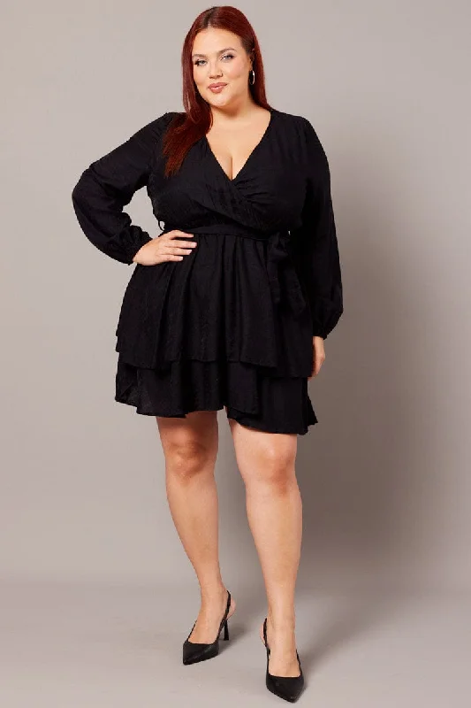 Black Tiered Cross Front Mini Dress