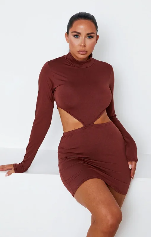 Brown High Neck Long Sleeve Cut Out Side Bodycon Mini Dress - Saanvi