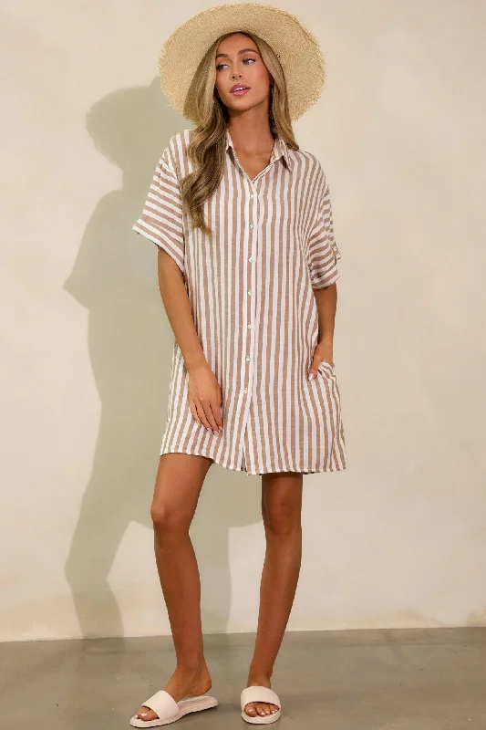 Chasing Joy Taupe Stripe Button Front Mini Dress