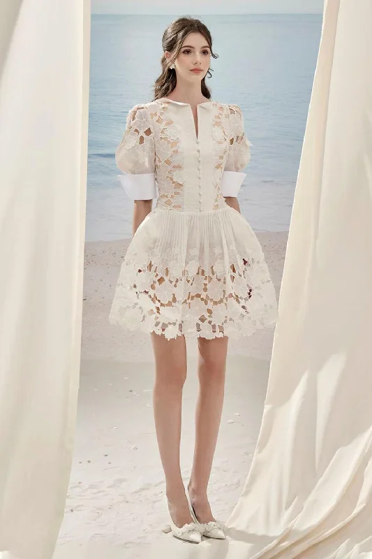 Floral A-line Puffy Sleeved Lace Mini Dress