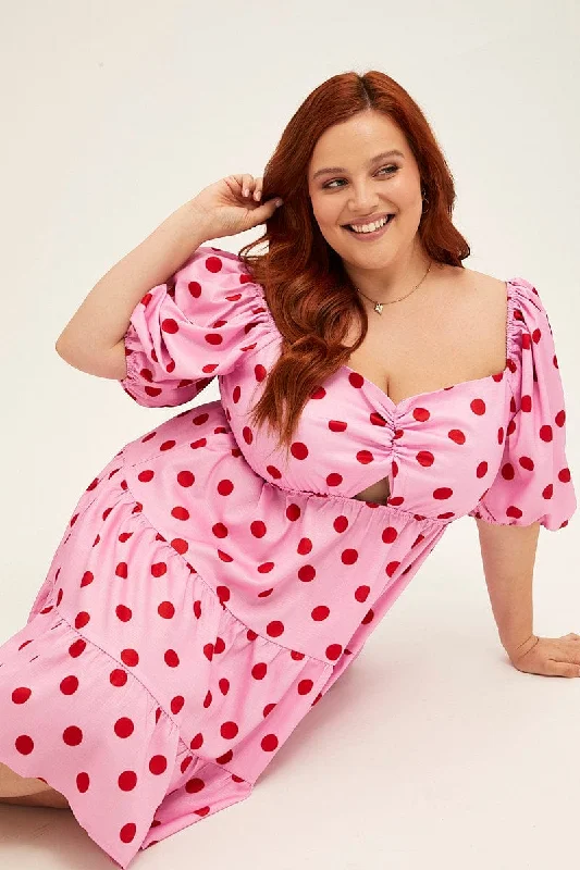 Pink Polka Dot Mini Dress Puff Sleeve Gather Front Peephole