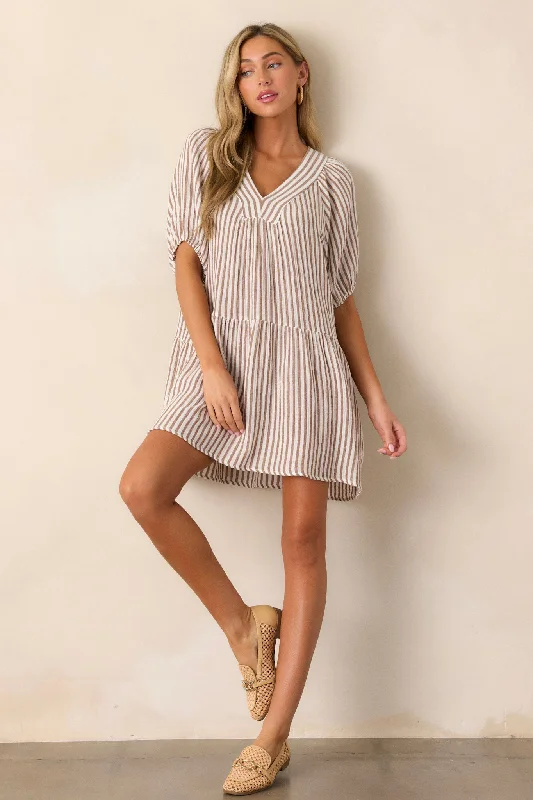 Quick To Smile 100% Cotton Brown Stripe Mini Dress