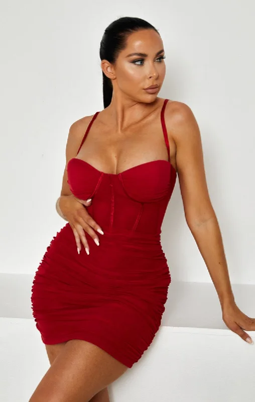 Red Mesh Ruched Corset Strappy Bodycon Mini Dress - Penny