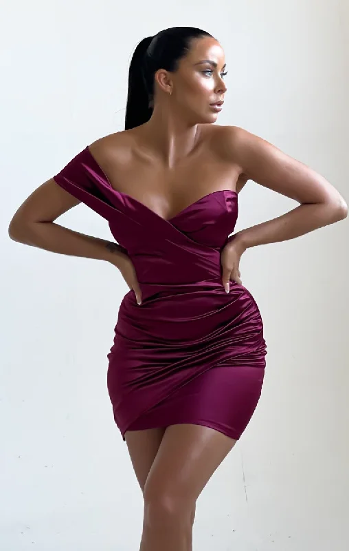 Wine Satin Ruched One Shoulder Sweetheart Neckline Bodycon Mini Dress - Demi