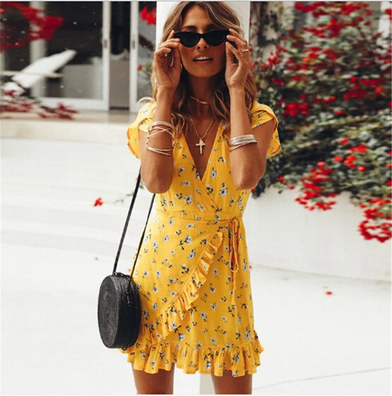 FashionSierra - Women Short Sleeve Wrap Boho Floral Mini Dress