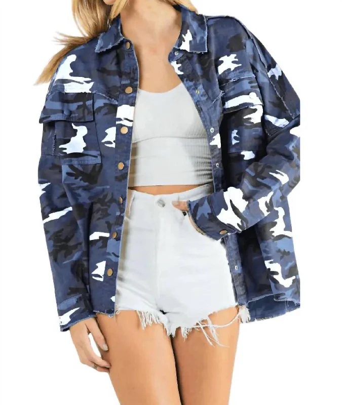 Water - resistant women's trench coats with adjustable cuffs for rainy daysEdgy Plus: Hallie Army Print Shacket In Slate Blue Water - resistant women's trench coats with adjustable cuffs for rainy daysEdgy Plus: Hallie Army Print Shacket In Slate Blue